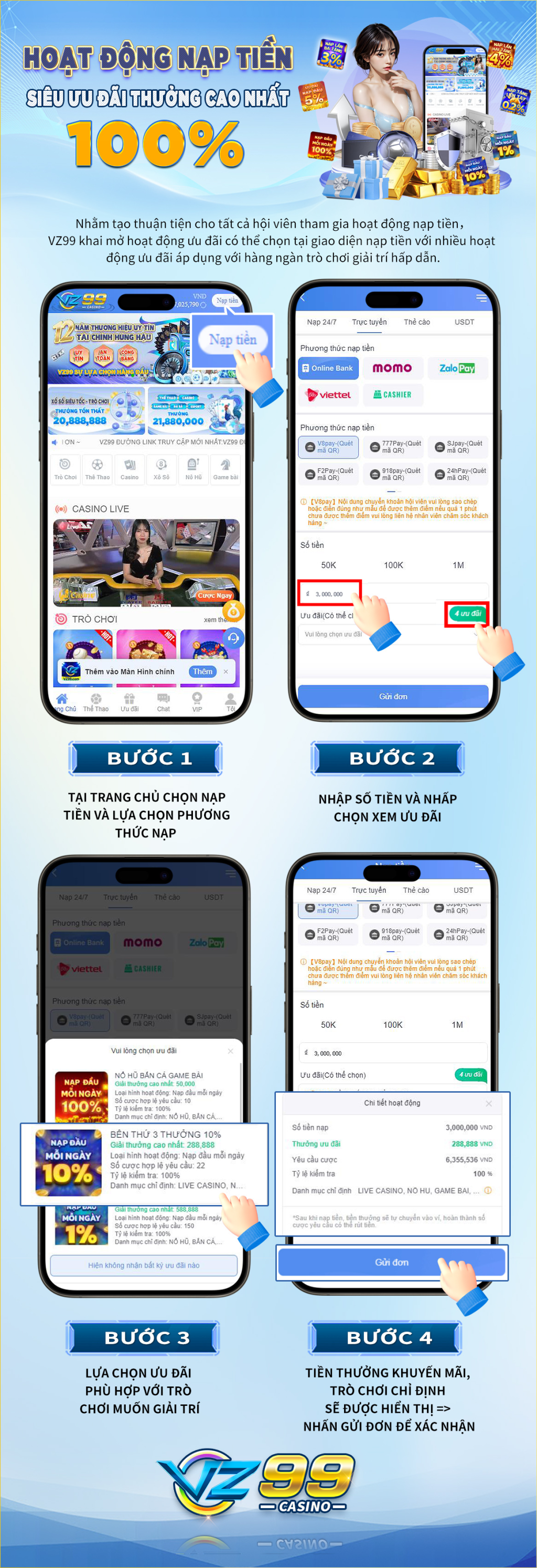 VZ99 – Hoạt Động Nạp Tiền Khuyến Mãi 100% Siêu Hấp Dẫn